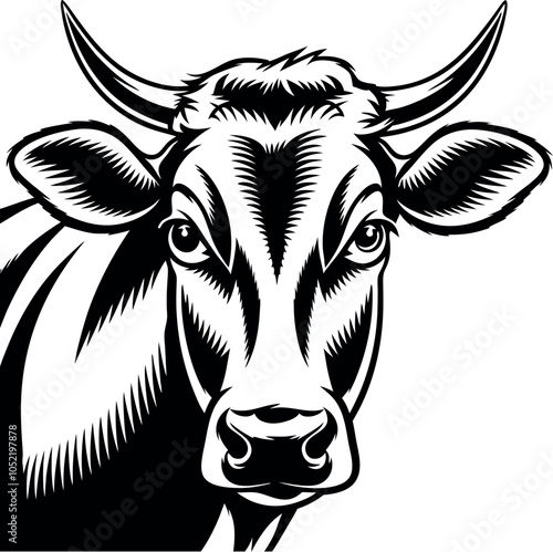 A black and white stylized illustration of a cow silhouette