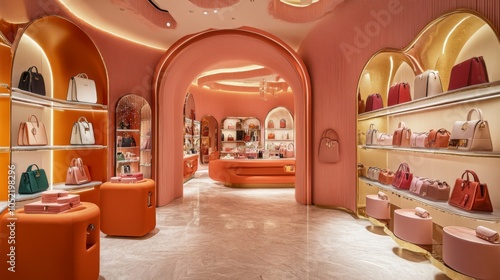  Boutique store filled with designer handbags. Elegant shop display with luxury accessories.