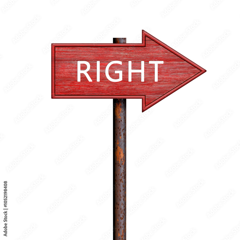 Red wooden arrow sign with right inscription on rusty pole. Direction pointer to the right. Signboard isolated on white Red wooden arrow sign with right inscription on rusty pole. Direction pointer to the right. Signboard isolated on white