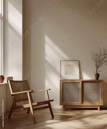 Frame mock up on Living Room, Minimalist Corner with Soft Shadows and Artistic Decor- Generative Ai