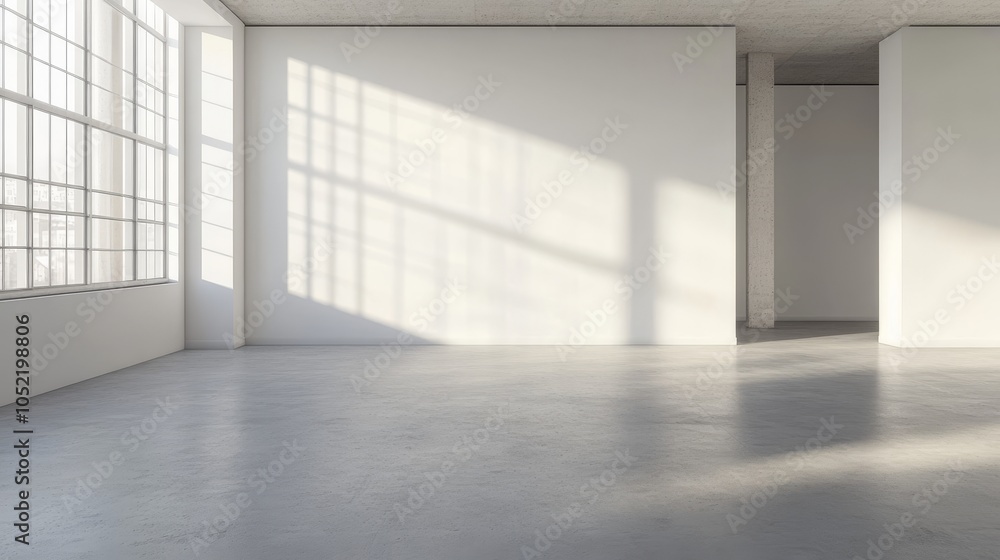 Fototapeta premium A spacious, empty room features large industrial-style windows allowing sunlight to stream in and cast dramatic shadows on the floor.