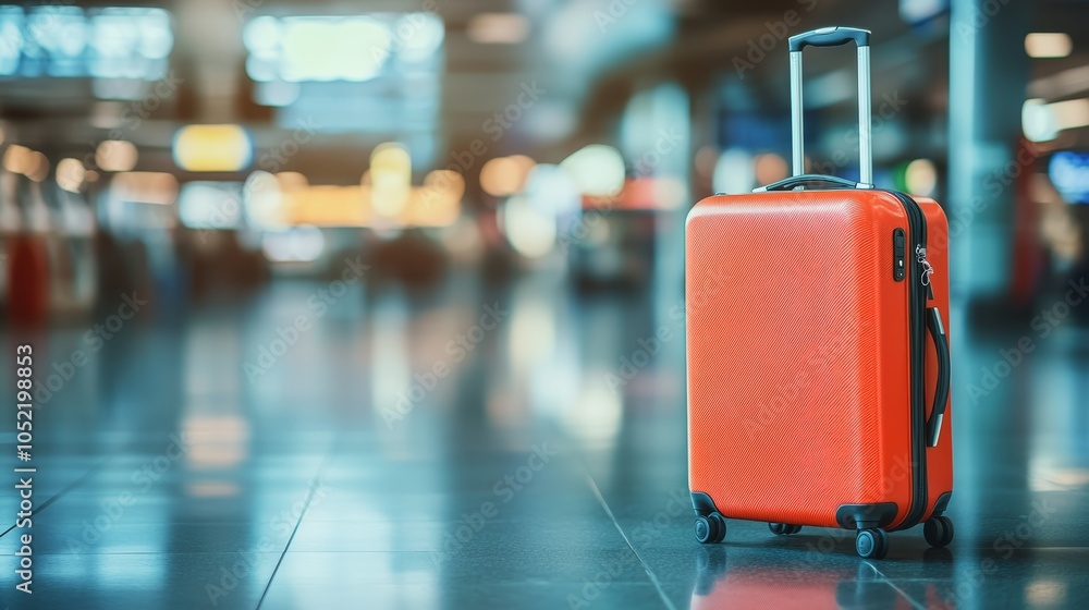 Vibrant red suitcase awaits the next adventure in a bustling airport terminal, capturing the essence of travel essentials and wanderlust Vibrant red suitcase awaits the next adventure in a bustling airport terminal, capturing the essence of travel essentials and wanderlust