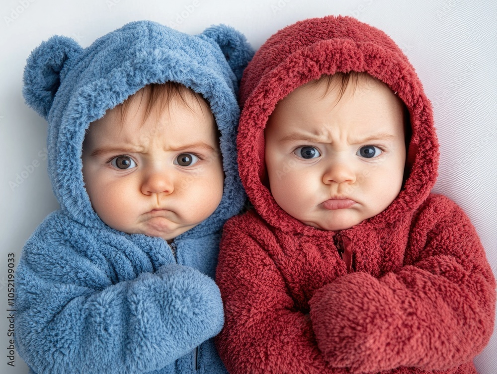 Two Angry Babies in Cozy Red and Blue Onesies, Arms Crossed, Funny Expressions, Bear Ears on Hood, Playful Rivalry, Light Background, Adorable and Humorous Portrait, Contrast Colors
Two Angry Babies in Cozy Red and Blue Onesies, Arms Crossed, Funny Expressions, Bear Ears on Hood, Playful Rivalry, Light Background, Adorable and Humorous Portrait, Contrast Colors