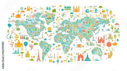 A colorful illustrated world map featuring landmarks and cultural symbols.