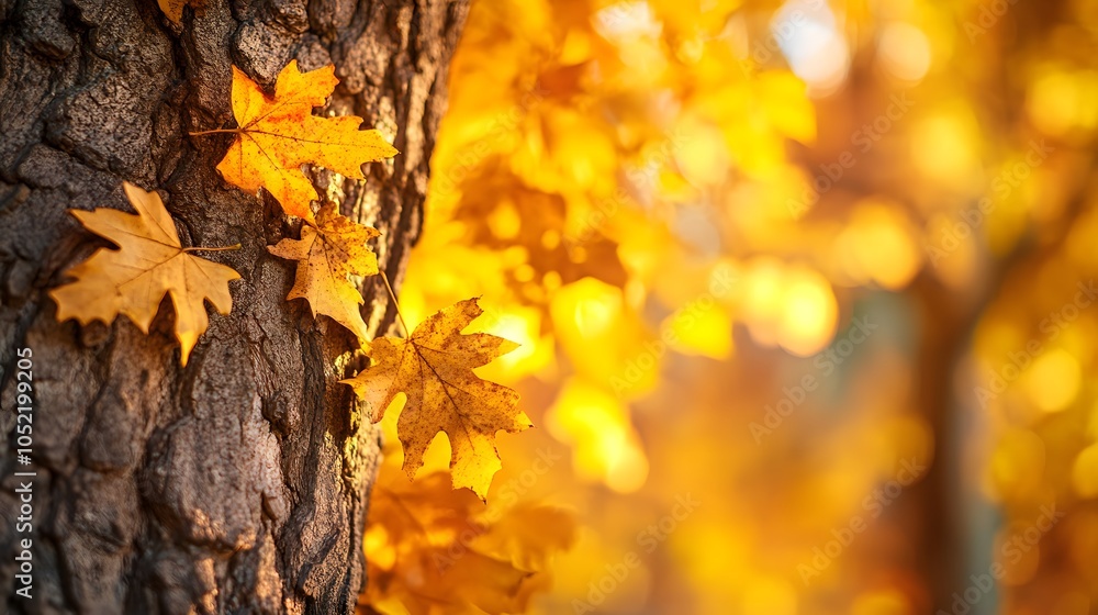 Close-up of a tree trunk with vibrant autumn leaves in the background Close-up of a tree trunk with vibrant autumn leaves in the background