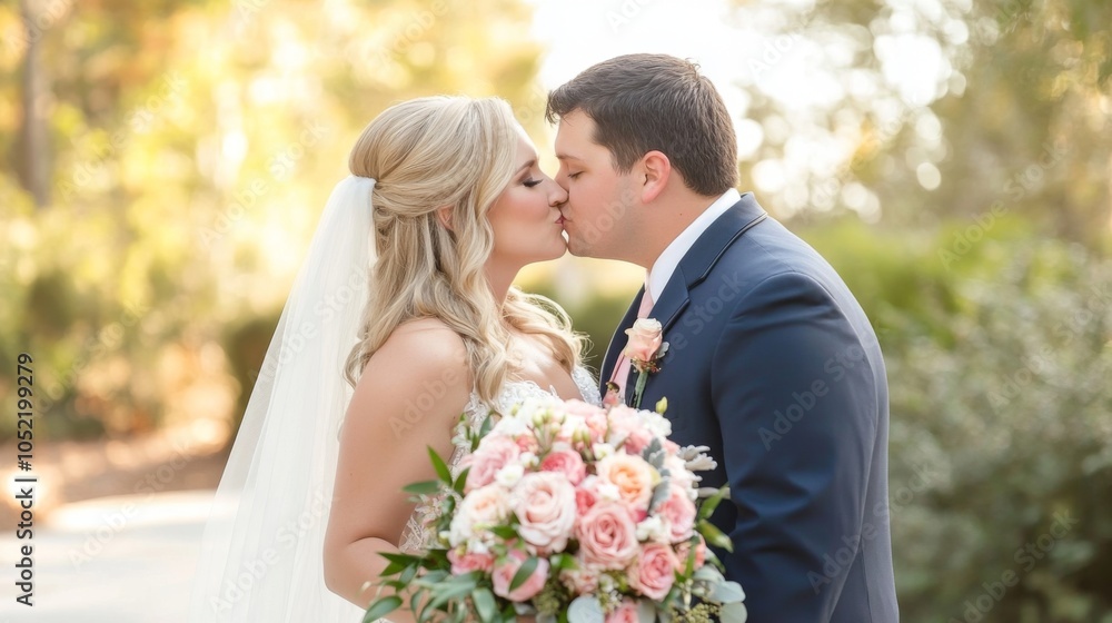 Bride and groom kissing on their wedding day with a beautiful bouquet. Romantic marriage ceremony moment. Bride and groom kissing on their wedding day with a beautiful bouquet. Romantic marriage ceremony moment.