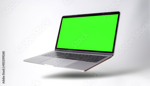 Plain Laptop with green screen floating or flying isolated white background