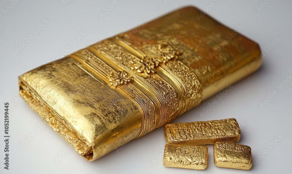 Fototapeta premium stack of shiny gold bars and large gold bullion bar on white background
