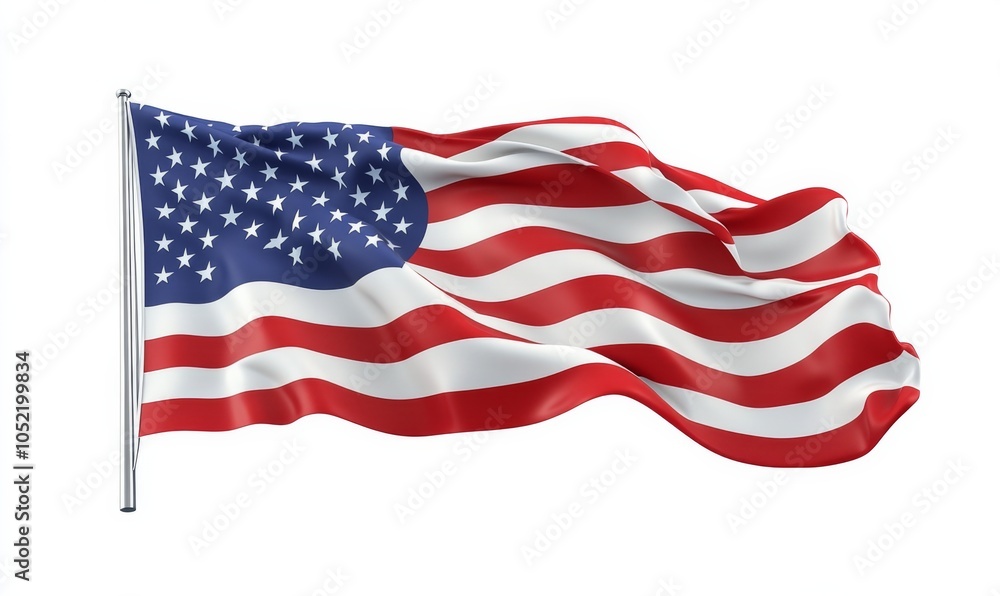 Fototapeta premium 3D USA flag waving in the wind, with realistic folds and movement, isolated on a white background