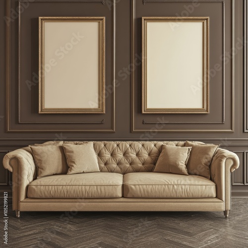 A sophisticated tan sofa with tufted design sits in an elegant room, complemented by ornate frames on the wall and a herringbone wood floor. photo