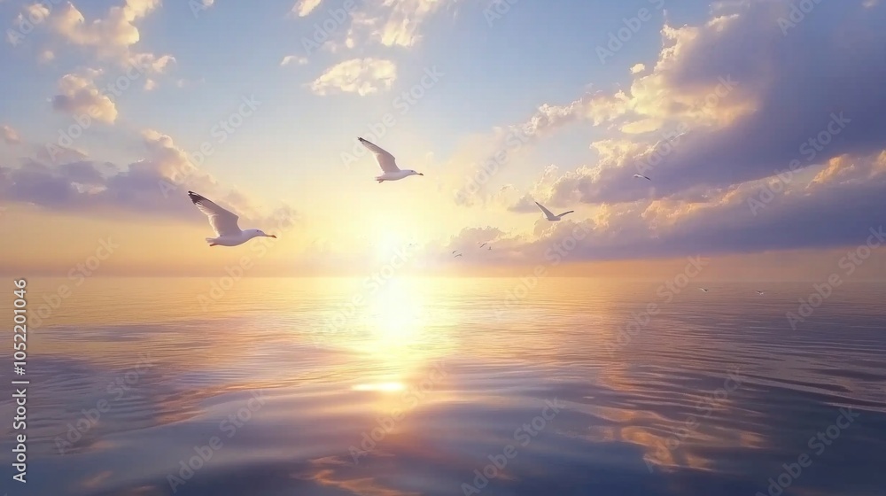 Fototapeta premium Beautiful sunset over a calm ocean with seagulls flying in the sky. Peaceful seascape with birds in flight.
