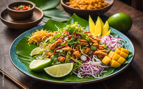 Thai yam pla duk fu, crispy catfish salad, green mango photo