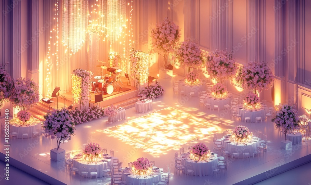 Isometric view of a wedding reception hall with decorated tables, a dance floor, and a live band, elegant and festive