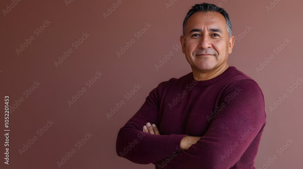 A confident and determined middle aged Mexican man stands in a studio setting wearing a burgundy sweater and dark denim with the plain dusty rose background leaving space for text above the subject A confident and determined middle aged Mexican man stands in a studio setting wearing a burgundy sweater and dark denim with the plain dusty rose background leaving space for text above the subject