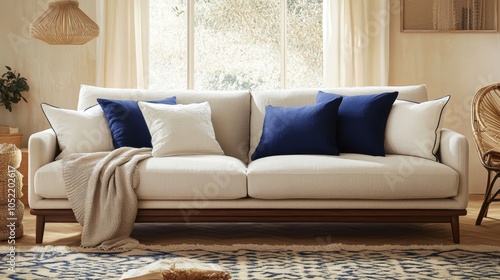 a real photo of a modern sofa from front view, with white and navy blue pillows nad beige blanket, in spacious living room with light beige walls photo