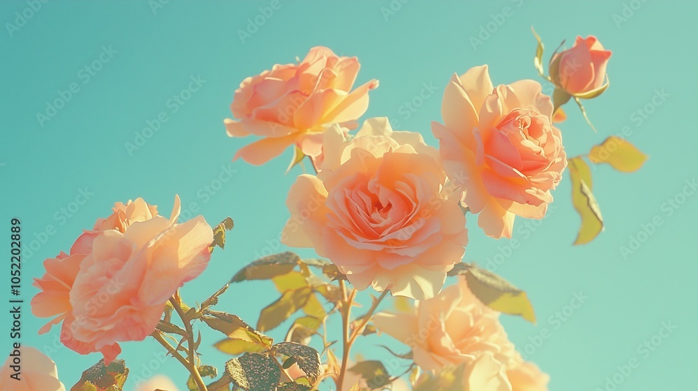 A bush of soft pink roses with a clear sunny sky