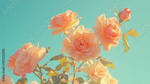 Obraz na płótnie A bush of soft pink roses with a clear sunny sky w salonie