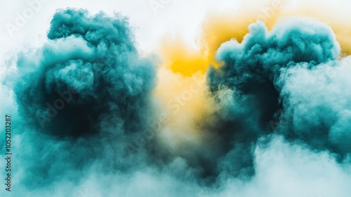A vibrant blend of teal and yellow smoke clouds against a light background.