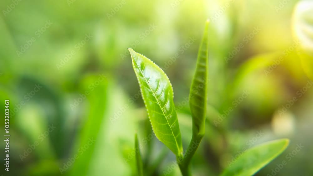 Fresh green tea leaves under bright sunlight against. Young green tea leaves move on wind Fresh green tea leaves under bright sunlight against. Young green tea leaves move on wind