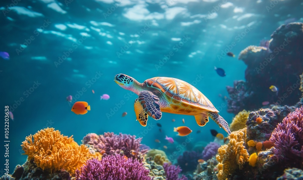 Fototapeta premium Sea turtle swims over coral reef.