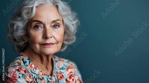 Pensive Senior Spanish Woman Dressed in Timeless Floral Frock Stands Elegantly Against Simple Robin s Egg Blue Studio Background Conveying a Sense of Graceful Wisdom and Introspection photo