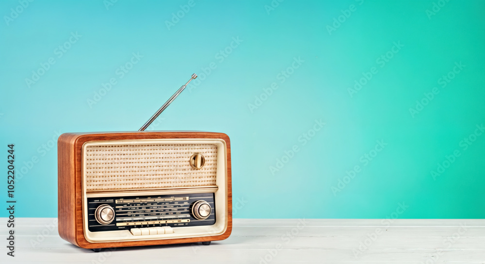 Obraz premium Vintage Radio on Wooden Table with Turquoise Background. World radio day concept