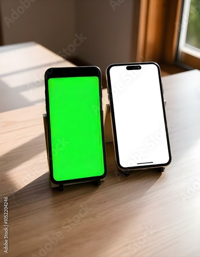 Two Smartphone mockup with Vibrant Green Screen Display