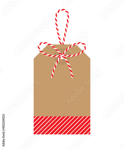 Blank Christmas New Year tag with bow and ribbons. Striped craft paper background, for gift tied up with cotton red rope bakers twine. Packing string for decoration, present. Isolated vector EPS10