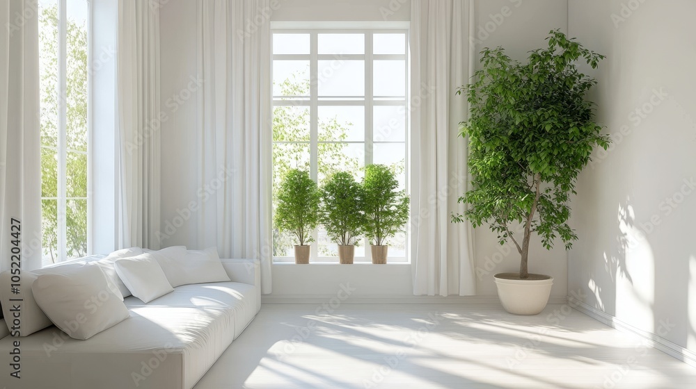 Fototapeta premium a white spacious living room decorated with bushy green home plants