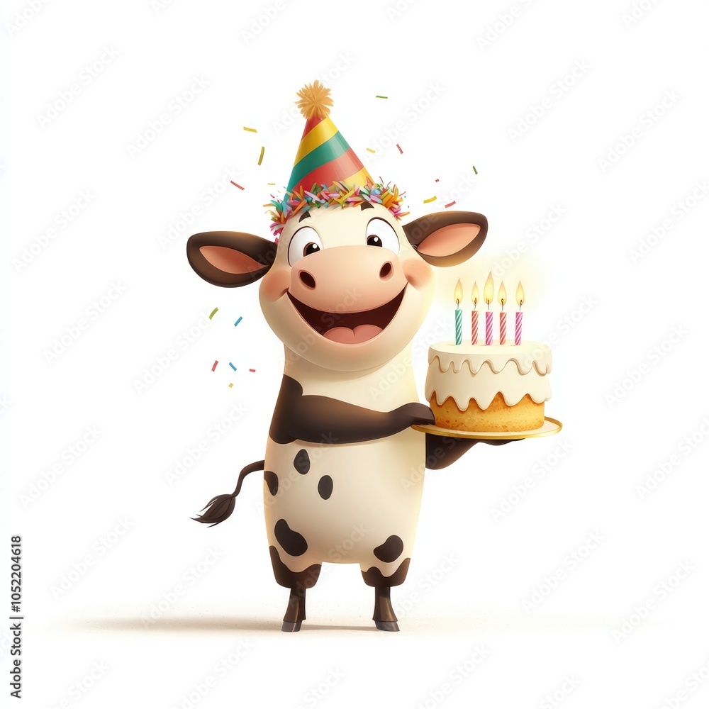 Naklejka premium Cute Cartoon Cow Celebrating with Colorful Party Hat