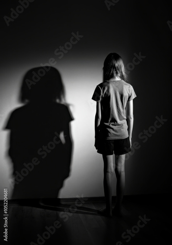 Lonely Girl Standing in Shadow: Eerie Black and White Silhouette. Shadow of Distorted Self-Perception. photo