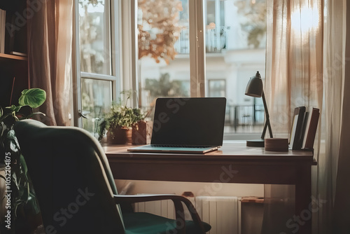 Wallpaper Mural Laptop on a Desk by a Window with Natural Light Torontodigital.ca
