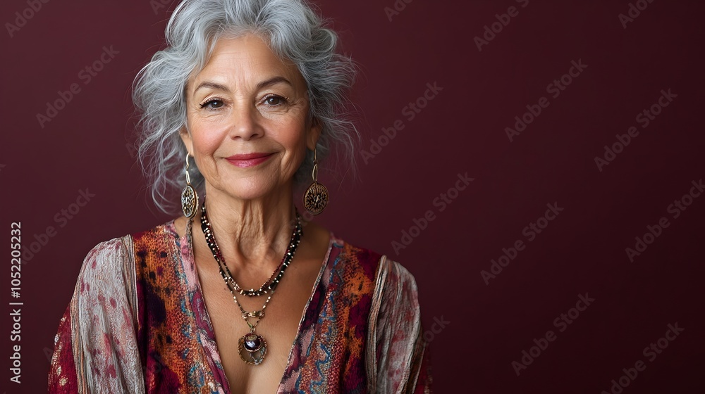 Portrait of a serene and graceful elderly Brazilian woman dressed in a flowing bohemian top standing against a plain burgundy background with studio lighting Portrait of a serene and graceful elderly Brazilian woman dressed in a flowing bohemian top standing against a plain burgundy background with studio lighting
