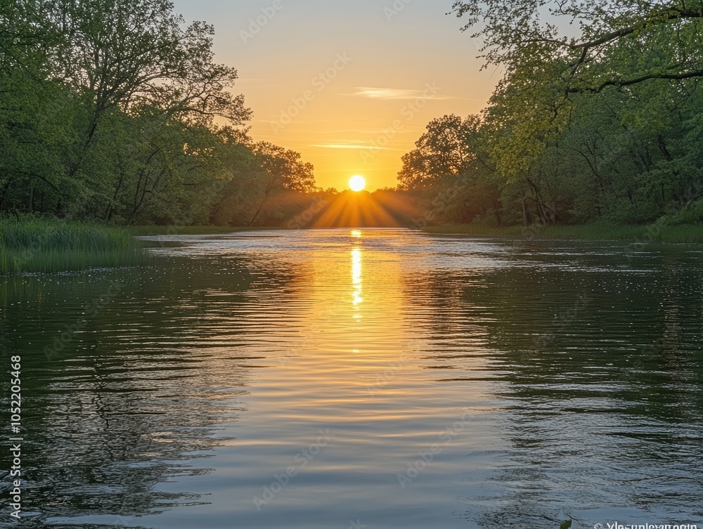 Obraz premium Dusk Glow on Tranquil River, shimmering sunlight dances on still waters, creating a serene and enchanting evening atmosphere