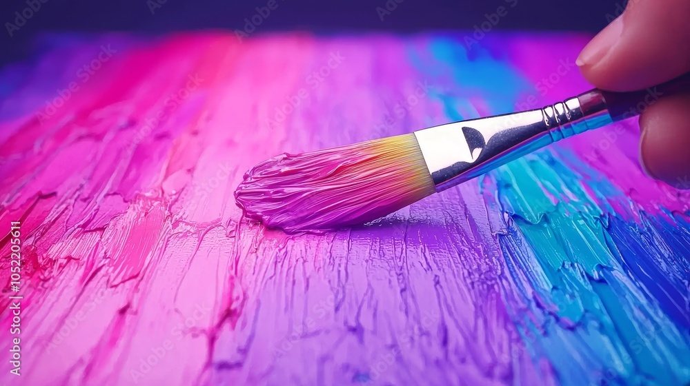 Fototapeta premium Closeup of Paintbrush on Colorful Abstract Canvas