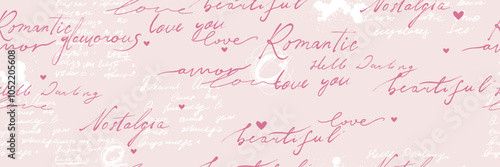 Love pink seamless pattern, vector romantic handwriting scribble texture vintage Valentine Day print. Wedding calligraphy ink wrapping paper, retro letter decorative repeat wallpaper. Love pattern art