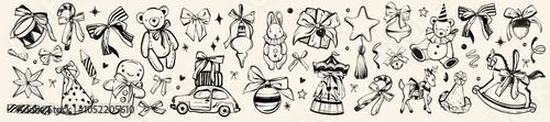 Christmas traditional vintage toys set, vector hand drawn New Year kids present doodles, teddy bear. Holiday retro baby horse, gifts car, ribbon bow, winter holy star, party hat. Christmas toys decor