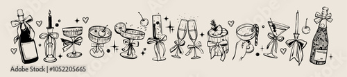 Christmas alcoholic cocktail icon set, vector hand drawn New Year beverage glass kit, wine bottle. Vintage drink doodle collection, coquettish girly martini bar menu design. Margarita alcohol cocktail