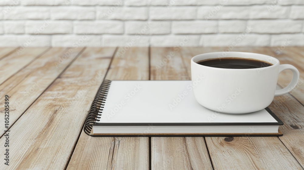Blank Notebook and Cup of Coffee on Wooden Table with Brick Wall Background Blank Notebook and Cup of Coffee on Wooden Table with Brick Wall Background
