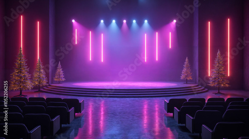 A vibrant backdrop with glowing purple and pink lights, creating a dynamic, disco-inspired scene