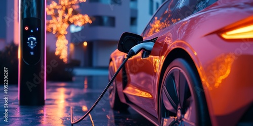 An electric car is plugged into a charging station. The charger handle is close up and the car is being recharged. photo