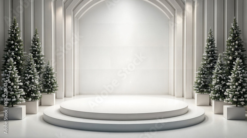 A beautifully decorated Christmas interior with a festive tree, warm lights, and vintage furniture. The luxurious room features cozy wooden elements, elegant decorations, and soft lighting