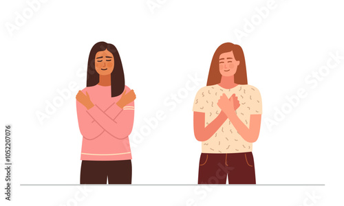 Two women hug themselves flat vector illustration. selflove concept illustration