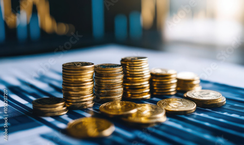 Gold coins stacked on financial graph, signifying wealth and prosperity photo