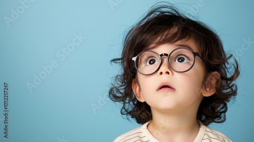 Curious child with glasses looking up against blue background.