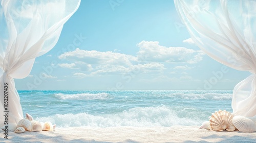 Elegant beach wedding backdrop with sheer white drapes, seashells, and light blue accents against ocean waves