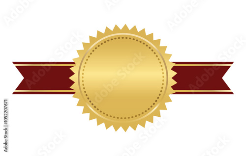 Golden seal with horizontal ribbons isolated on white background vector illustration. Gold award medal, Golden stamp with ribbons isolated on white. Luxury seal. Winner, Trophy, Top Quality concept.