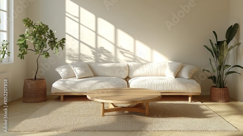 A bright and spacious living room featuring a cozy cream sofa, natural wood coffee table, and lush green plants offering a serene ambiance. photo