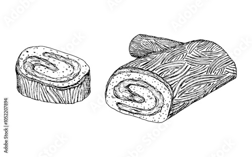 A festive yule log cake, buche de Noel, Christmas holiday meal featuring, sliced rolled pastrie. A detailed black and white hand drawn ink vector illustration.