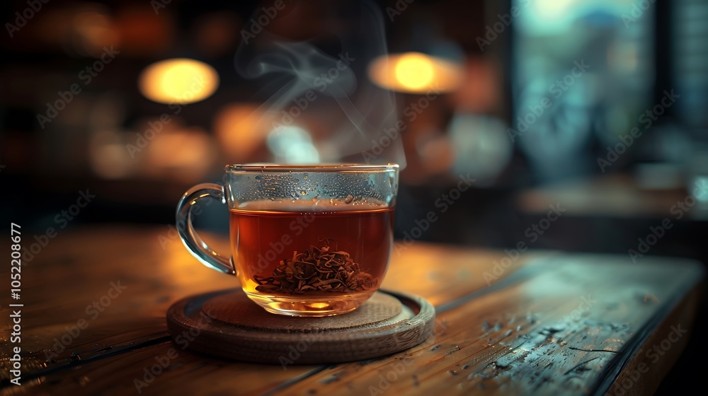 A Hot Cup Of Brown Tea On Wooden Table With Nature Plantation , Leaf , Green Tea , Beautiful Background A Hot Cup Of Brown Tea On Wooden Table With Nature Plantation , Leaf , Green Tea , Beautiful Background